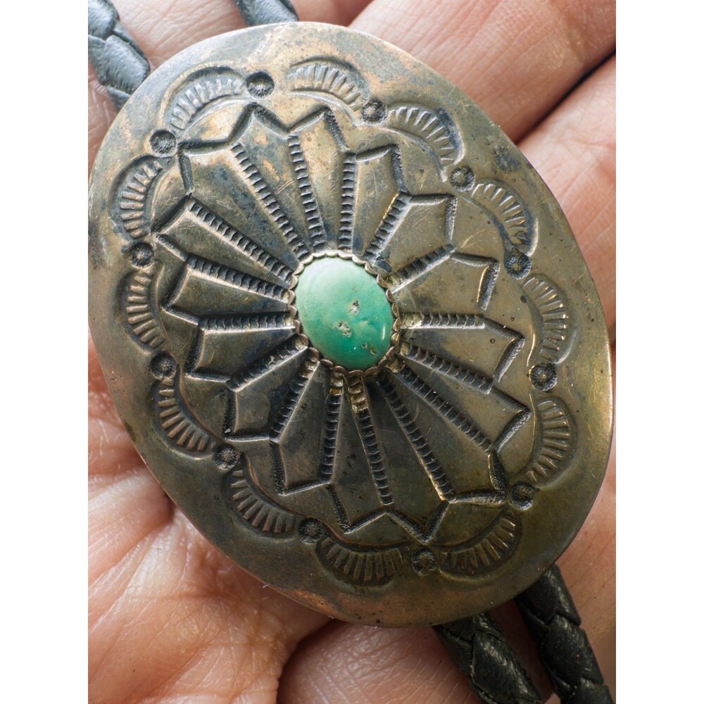 Vintage Native American Sterling Silver Turquoise Bolo Tie Concho Cabochon Mark